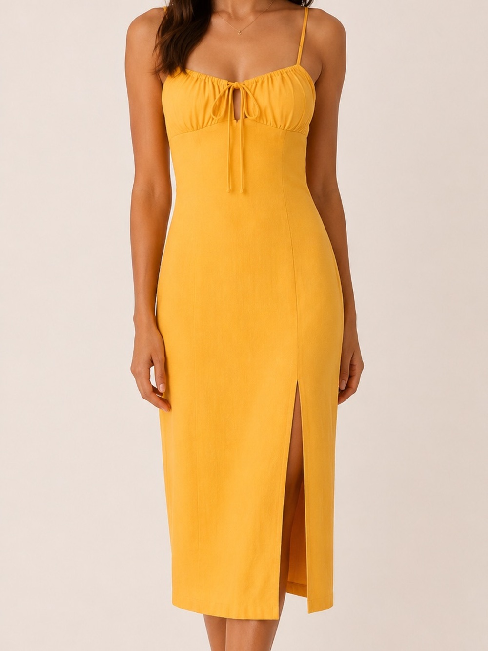 Gianni Bini Mustard Yellow Spaghetti-Strap Midi Dress with Front Slit
